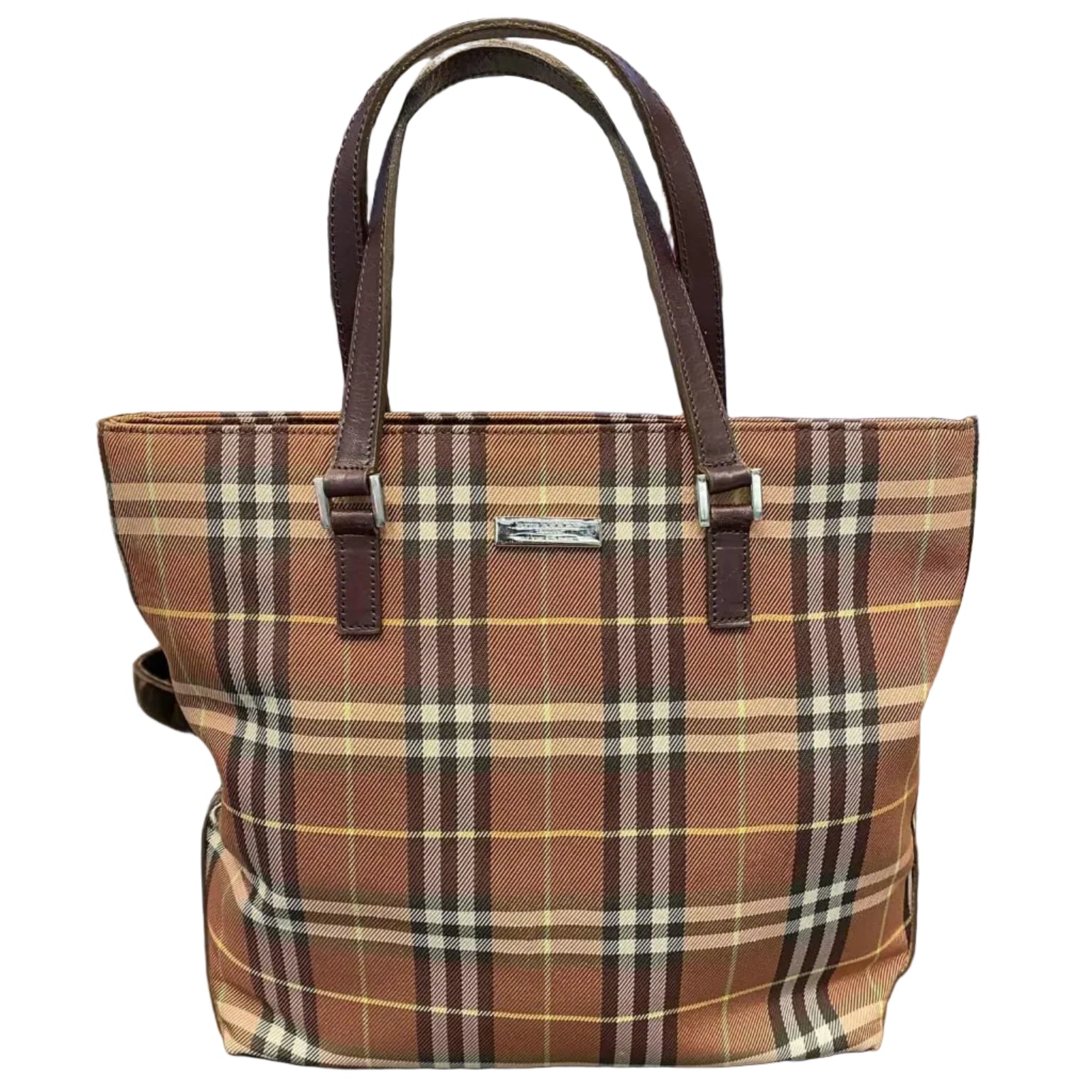 Burberry Blue Label Nova Check Mini Tote Bag with Brown Leather Trim (
