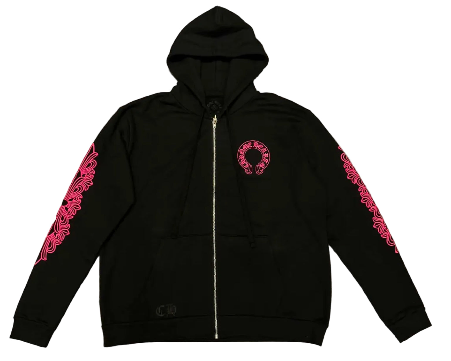 Chrome Hearts Horseshoe Floral Cross Sleeve Zip Up Hoodie Black Pink