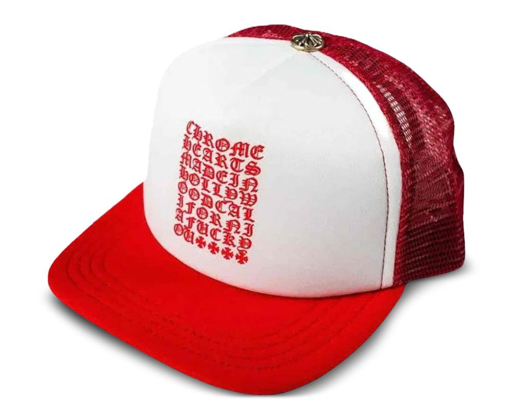 Chrome Hearts Eyechart Trucker Hat Red White
