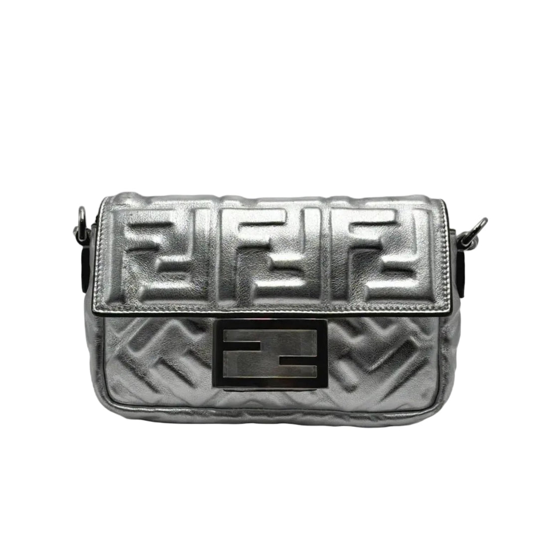 Fendi Midi Baguette Chain Bag Zucca Embossed Leather Silver (Pre-owned) C4DTW7W