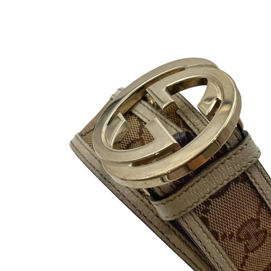 Gucci Khaki Fabric GG Plate Buckle Men's Belt (Pre-owned)