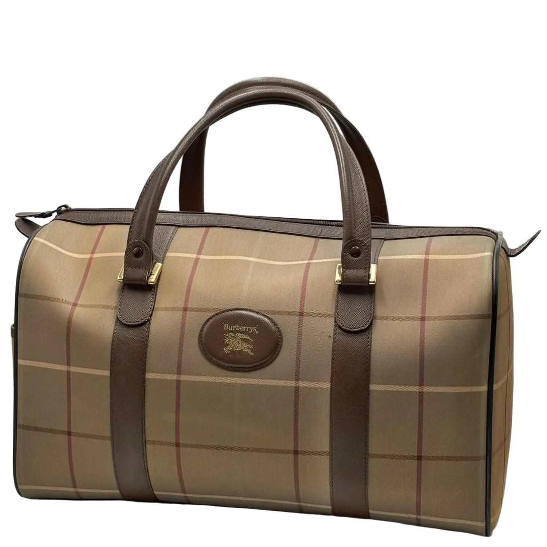 Burberry Check Boston Bag Travel Khaki Brown Canvas Leather (Pre-owned) T64W6QY