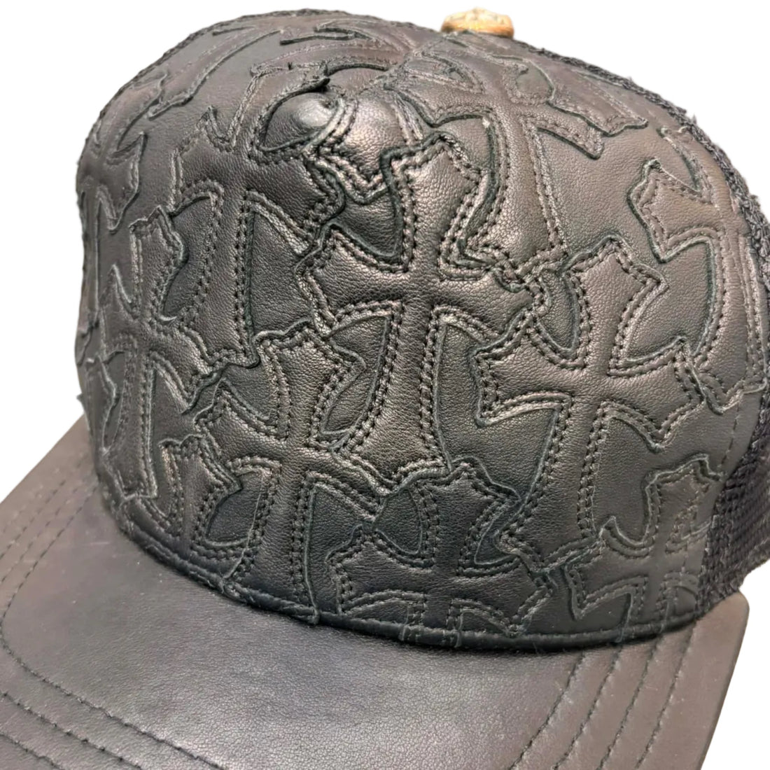 Chrome Hearts Cemetary Cross Leather Stitched Trucker Hat Black (Pre-owned)