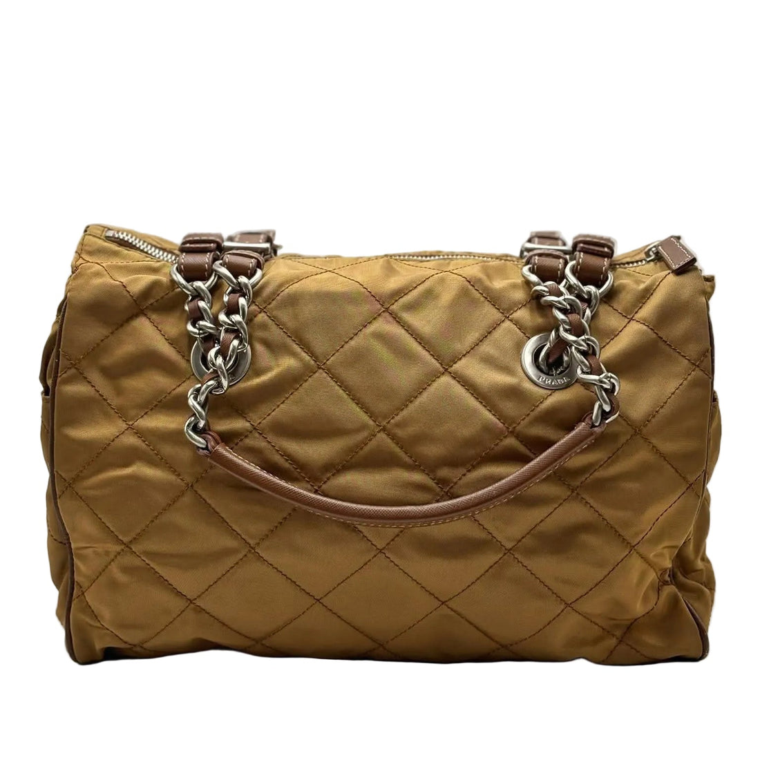 Prada Quilted Beige Nylon Silver Chain Shoulder Bag (Like new) DQR6XQV