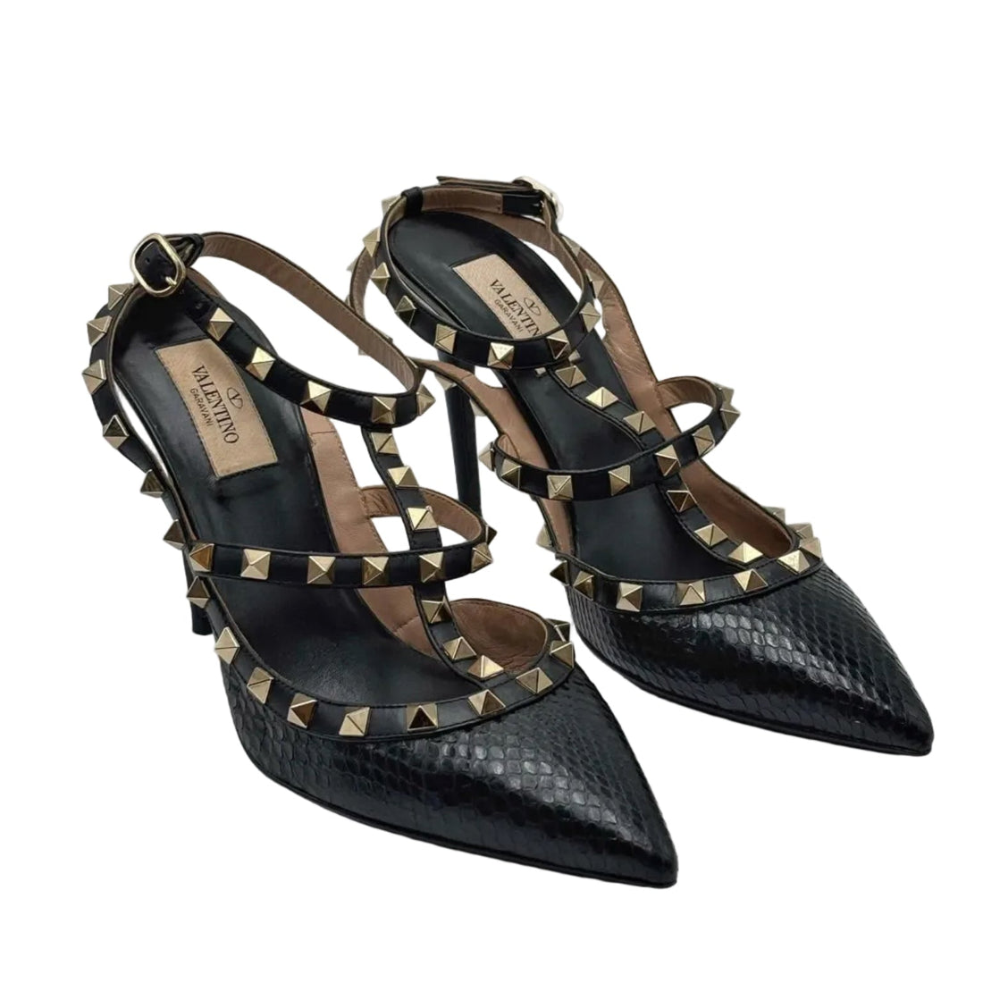 Valentino Garavani Pebbled Calfskin Rockstud Ankle Strap 100mm Pumps Black (Pre-owned)