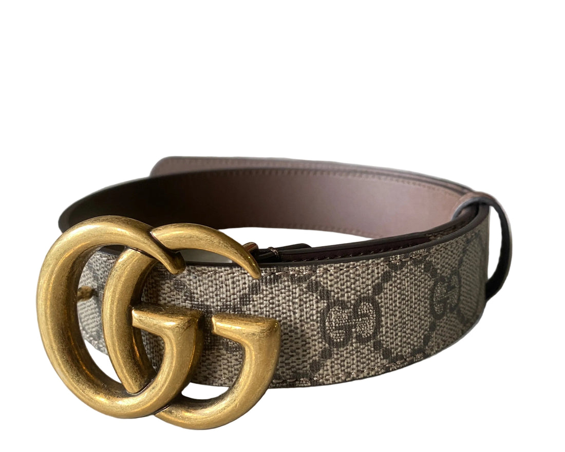 Gucci Beige/Brown GG Supreme Canvas and Leather GG Marmont Buckle Belt sz65 BRANDNEW