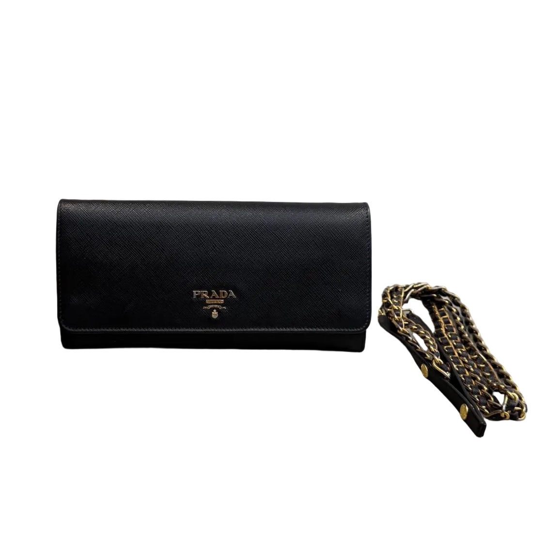 Prada Saffiano Metal Oro Chain Wallet Black Black (Pre-owned)