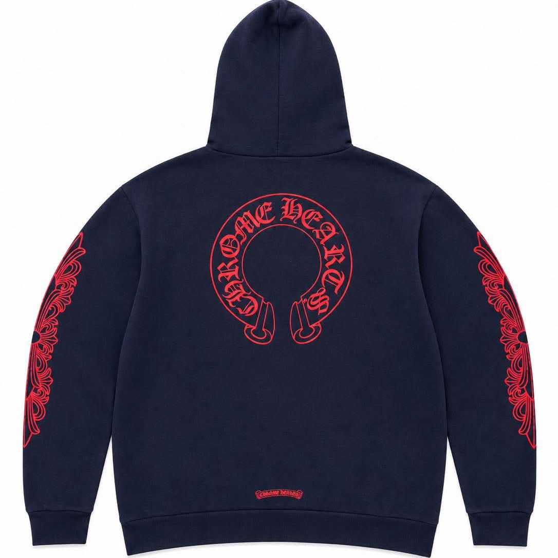Chrome Hearts Red Horseshoe Logo Hoodie Navy