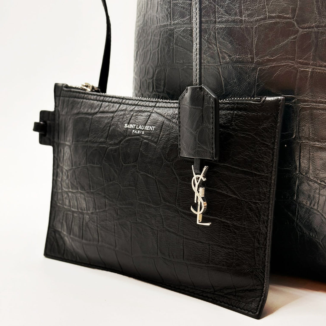 SAINT LAURENT Calfskin Crocodile Embossed Large Shopper Tote Black (Like new)