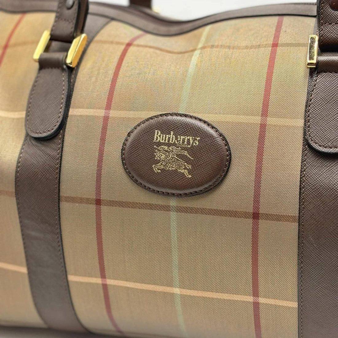 Burberry Check Boston Bag Travel Khaki Brown Canvas Leather (Pre-owned)