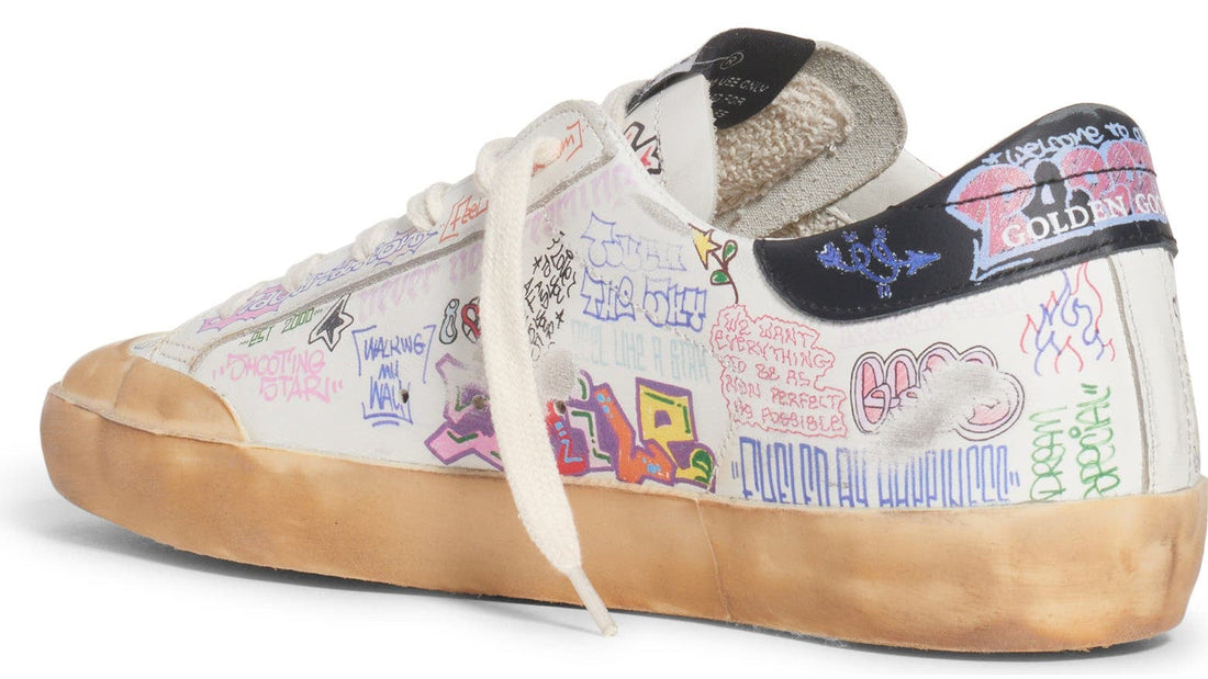 Golden Goose Men's Super-Star Graffiti-Print Leather White Silver Black