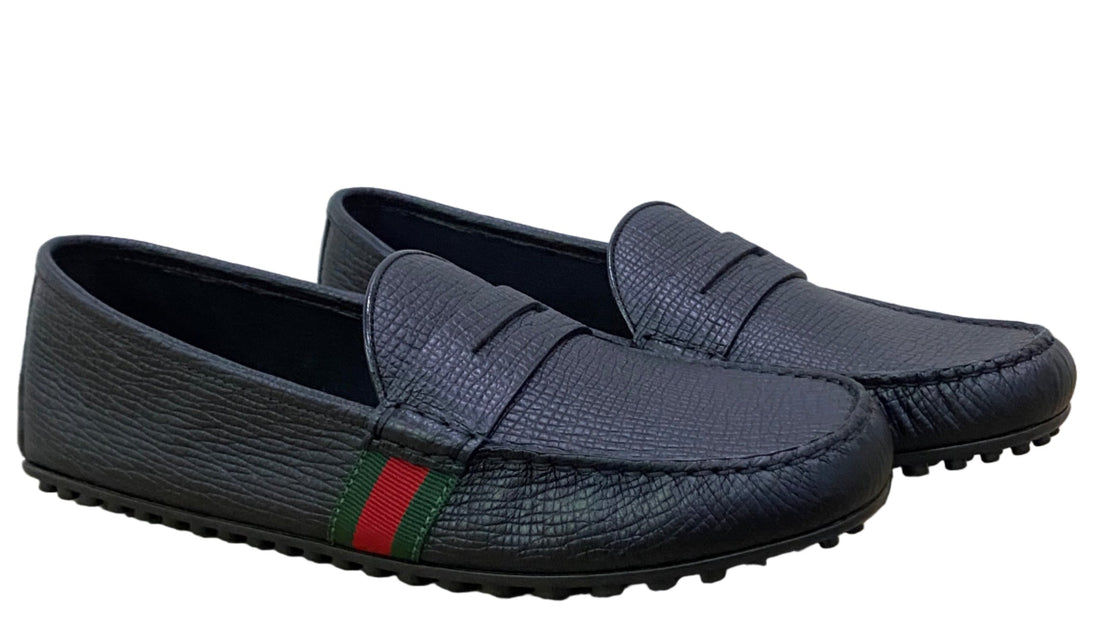 Gucci Men’s Black Leather Web Stripe Driver’s Loafers Black