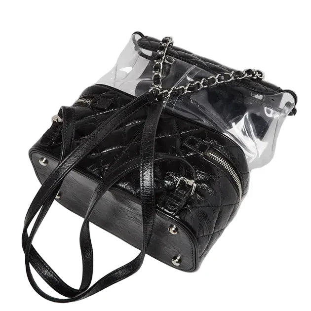 Chanel Black Quilted Crumpled Leather & Transparent PVC Vanity Flap Backpack Bag