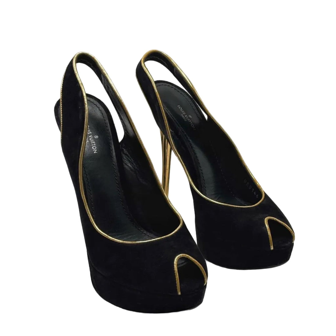 Louis Vuitton Slingback Heels in Black Suede With Gold Leather Trim And Metallic Gold Heel
