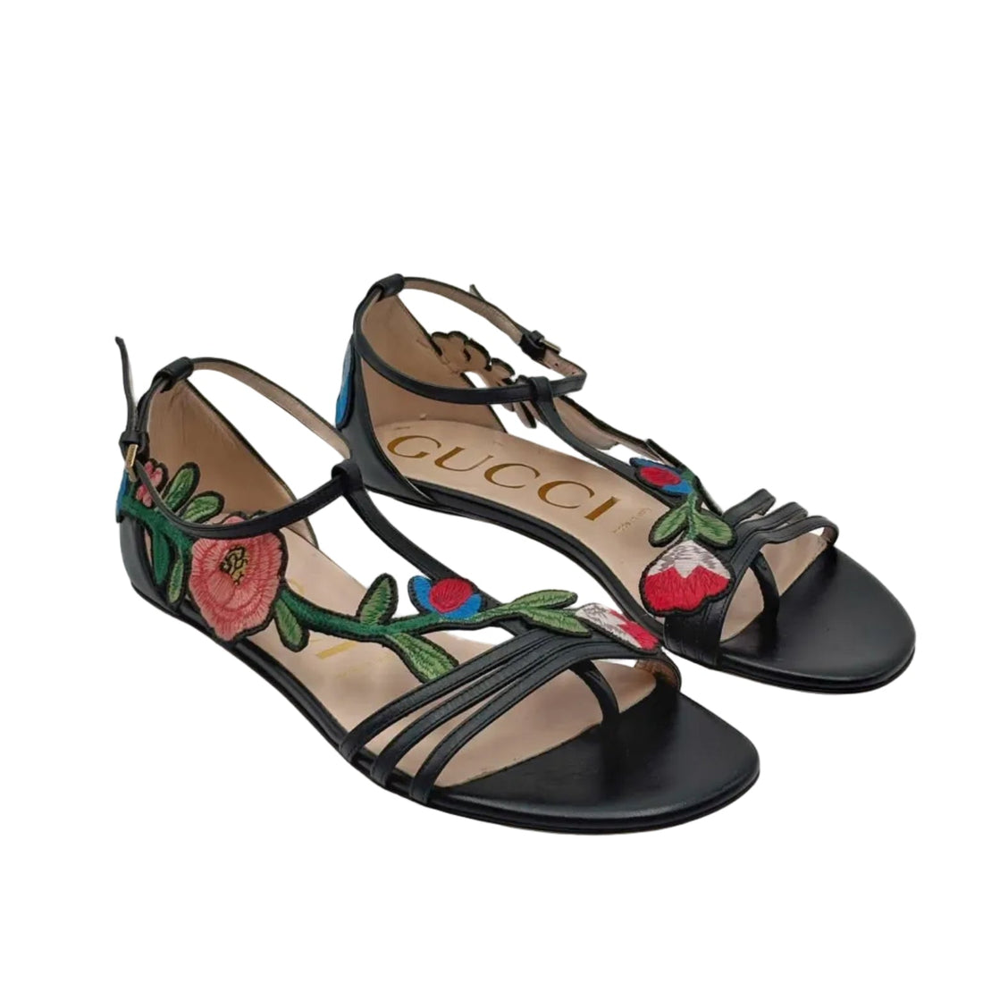 Gucci Black Leather Ophelia Floral-Embroidered Flat Sandals (Pre-owned)