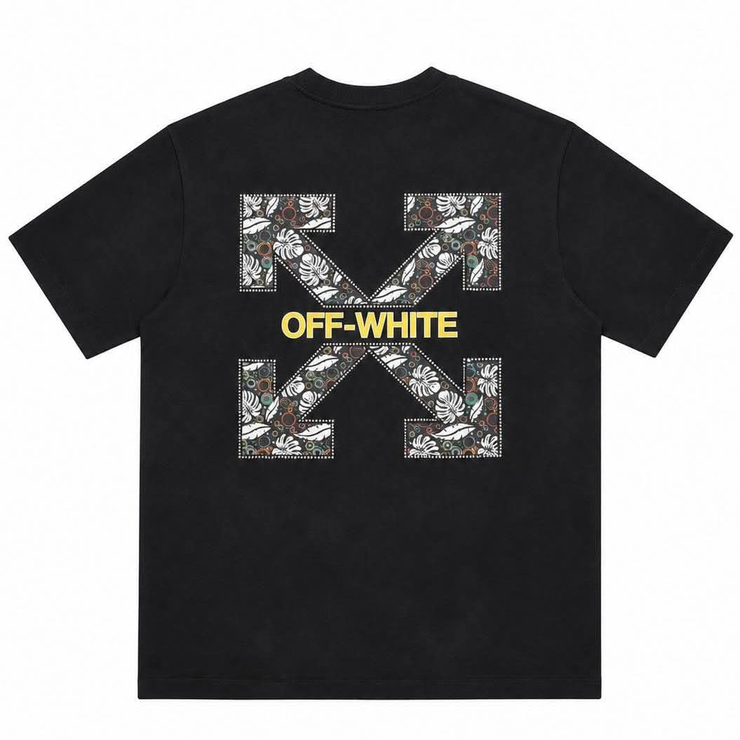 Off-White Couple Arrow Embroidery Rhinestone Short Sleeve T-shirt Black