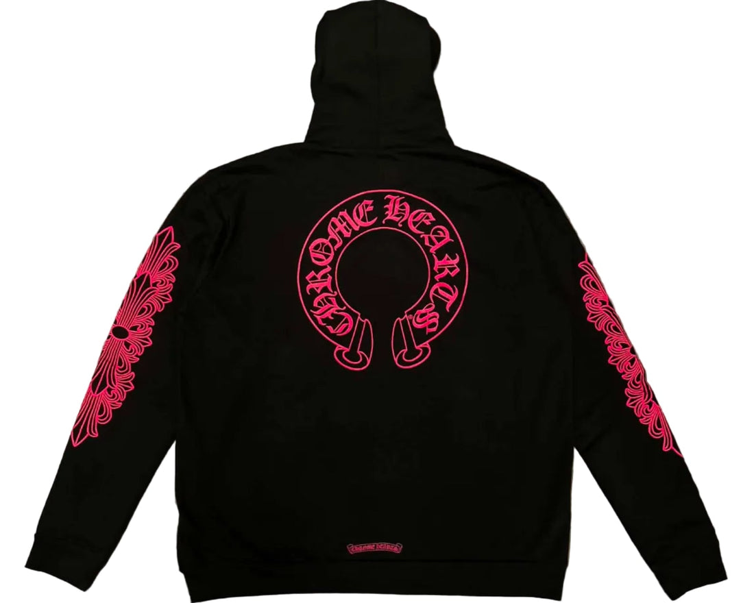 Chrome Hearts Horseshoe Floral Cross Sleeve Zip Up Hoodie Black Pink