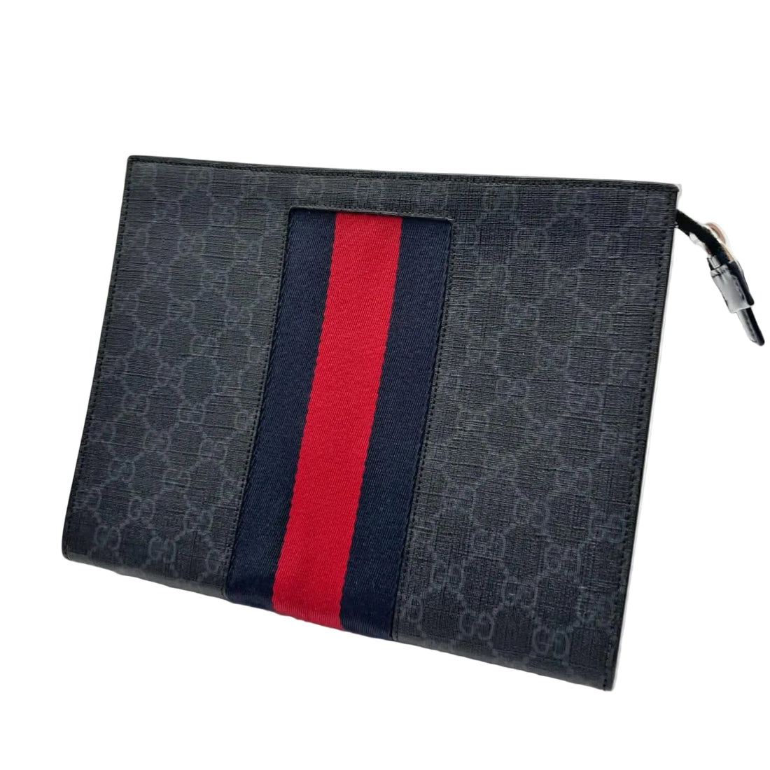 Gucci GG Supreme Monogram Selleria Calfskin Web New Web Cosmetic Case Black (Like new) CTRDQ6B