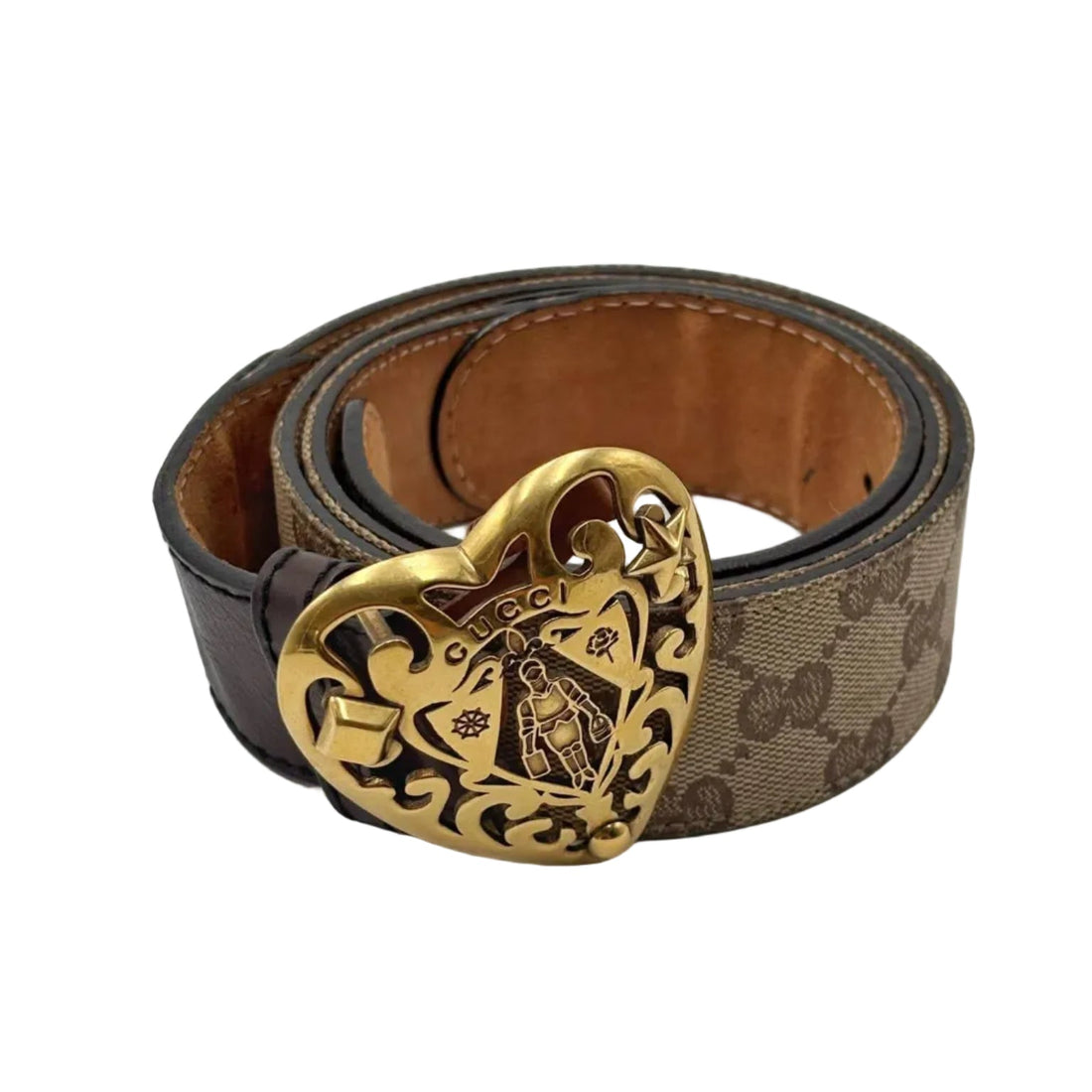 Gucci Brown/Beige GG Crystal Canvas and Leather Crest Buckle Belt (Pre-owned)