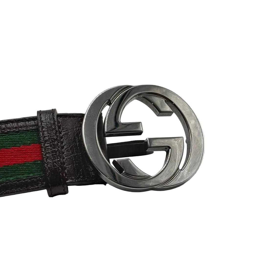 Gucci Black Leather and Web Canvas Interlocking G Buckle Belt (Pre-owned)