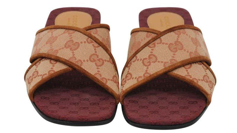 Gucci GG Logo Canvas and Suede Crisscross Slide Sandals