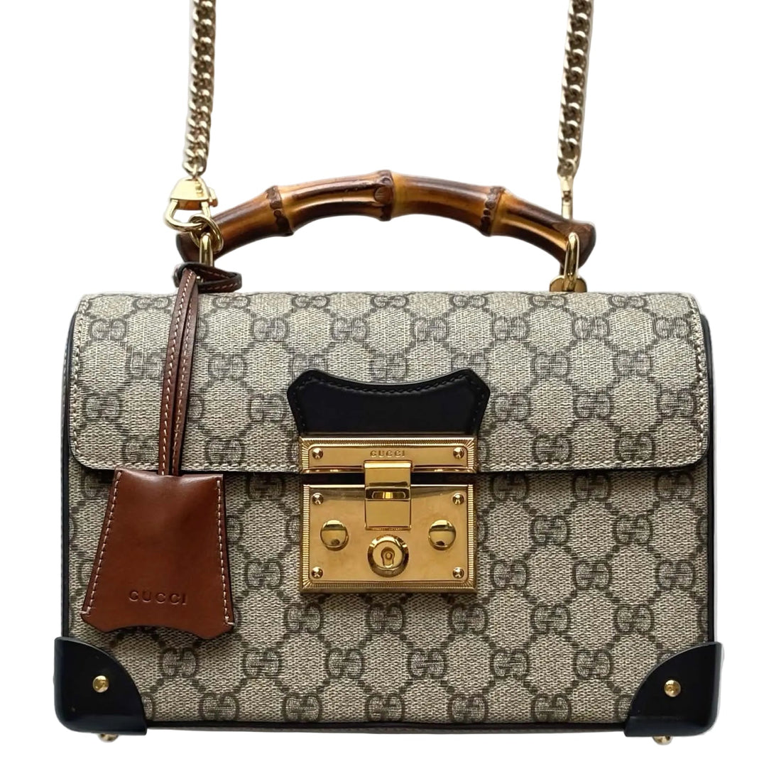 Gucci GG Supreme Monogram Small Padlock Bamboo Shoulder Bag Beige Black Cuir (Like new) R24VDBT