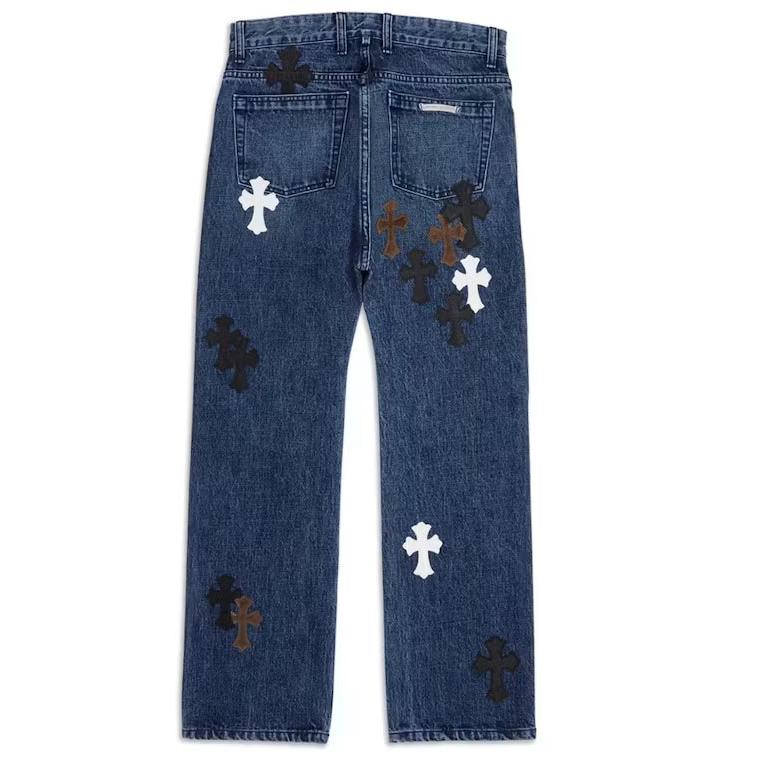 Chrome Hearts Fleur Knee Cross Patch Jeans Blue