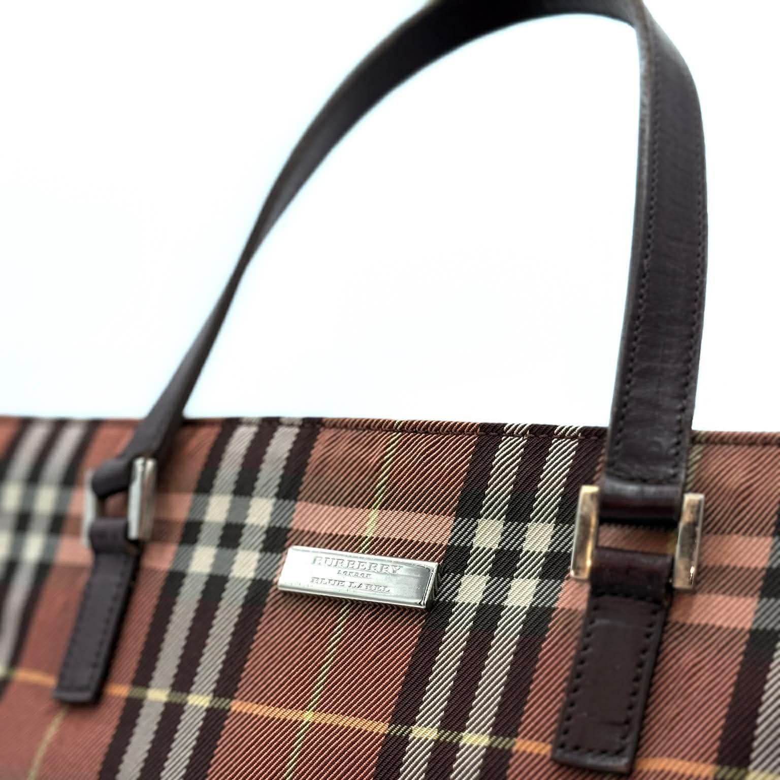 Burberry Blue Label Nova Check Mini Tote Bag with Brown Leather Trim (