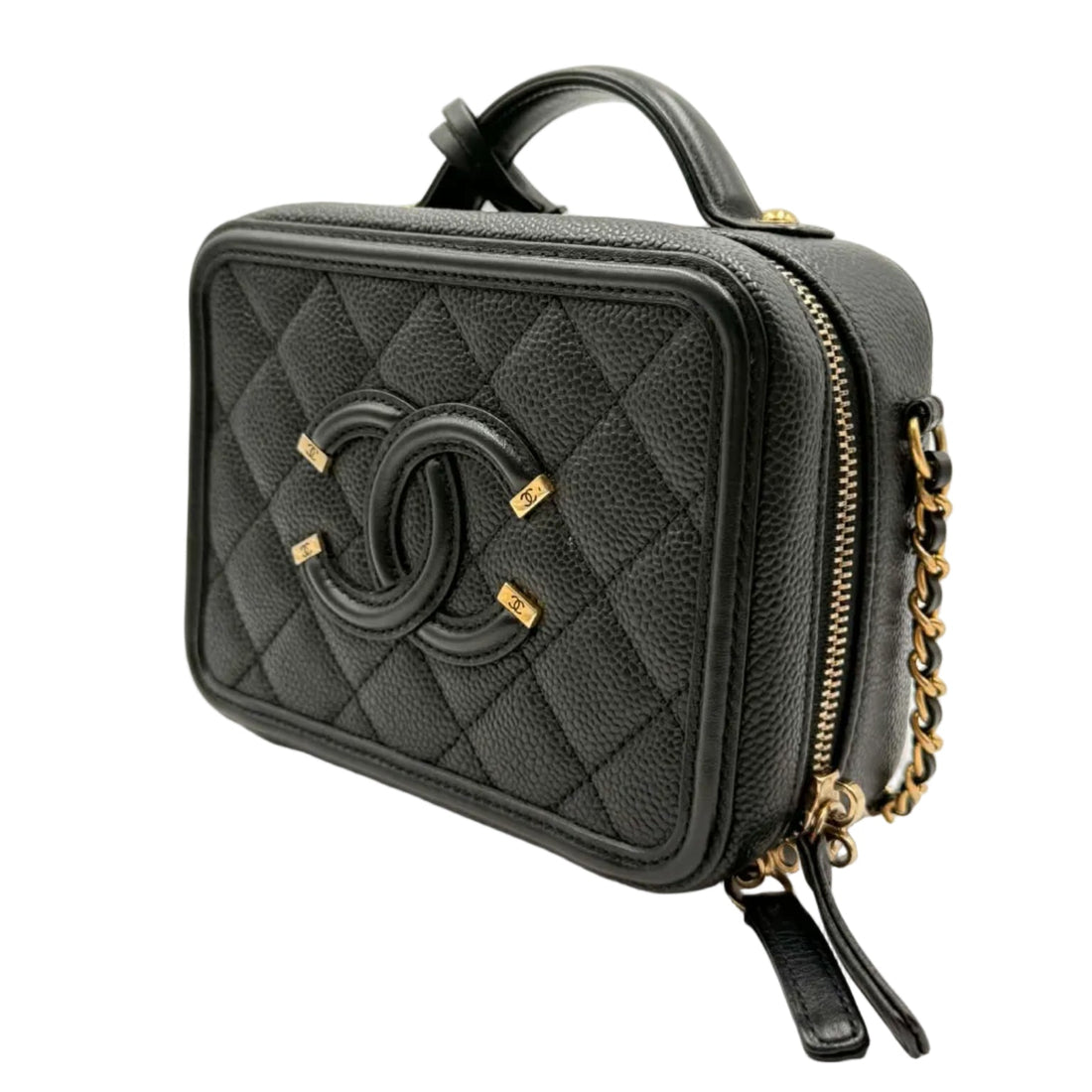 Chanel Filigree Vanity Case Quilted Caviar Gold-tone Small Black (Like new) RB37TXQ