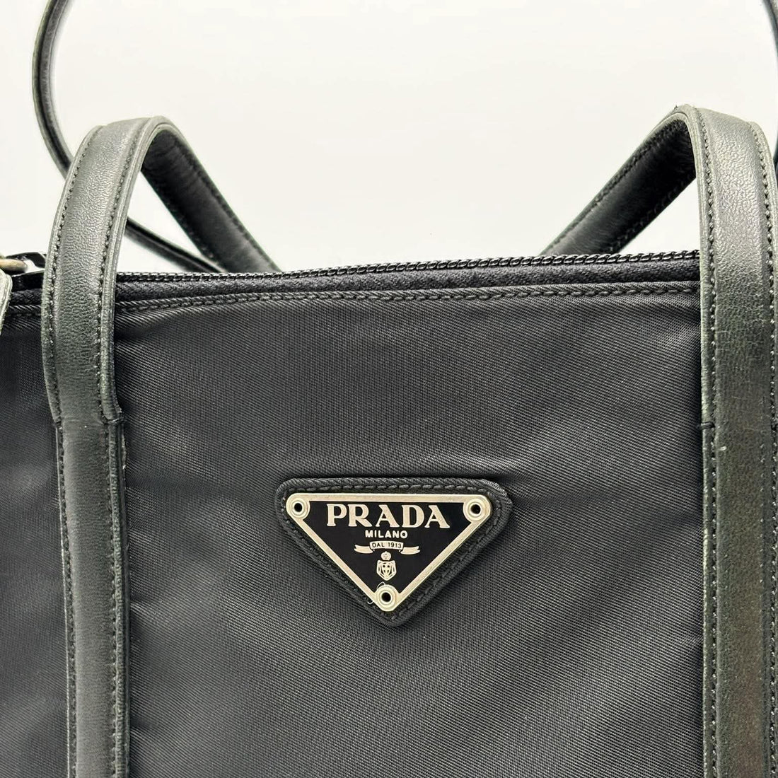 Prada Nylon Handbag Black Silver Triangle Logo (Pre-owned)