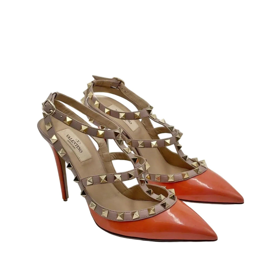 Valentino Garavani Calfskin Nappa Rockstud Ankle Strap 100mm Pumps 38 Orange Poudre (Pre-owned)