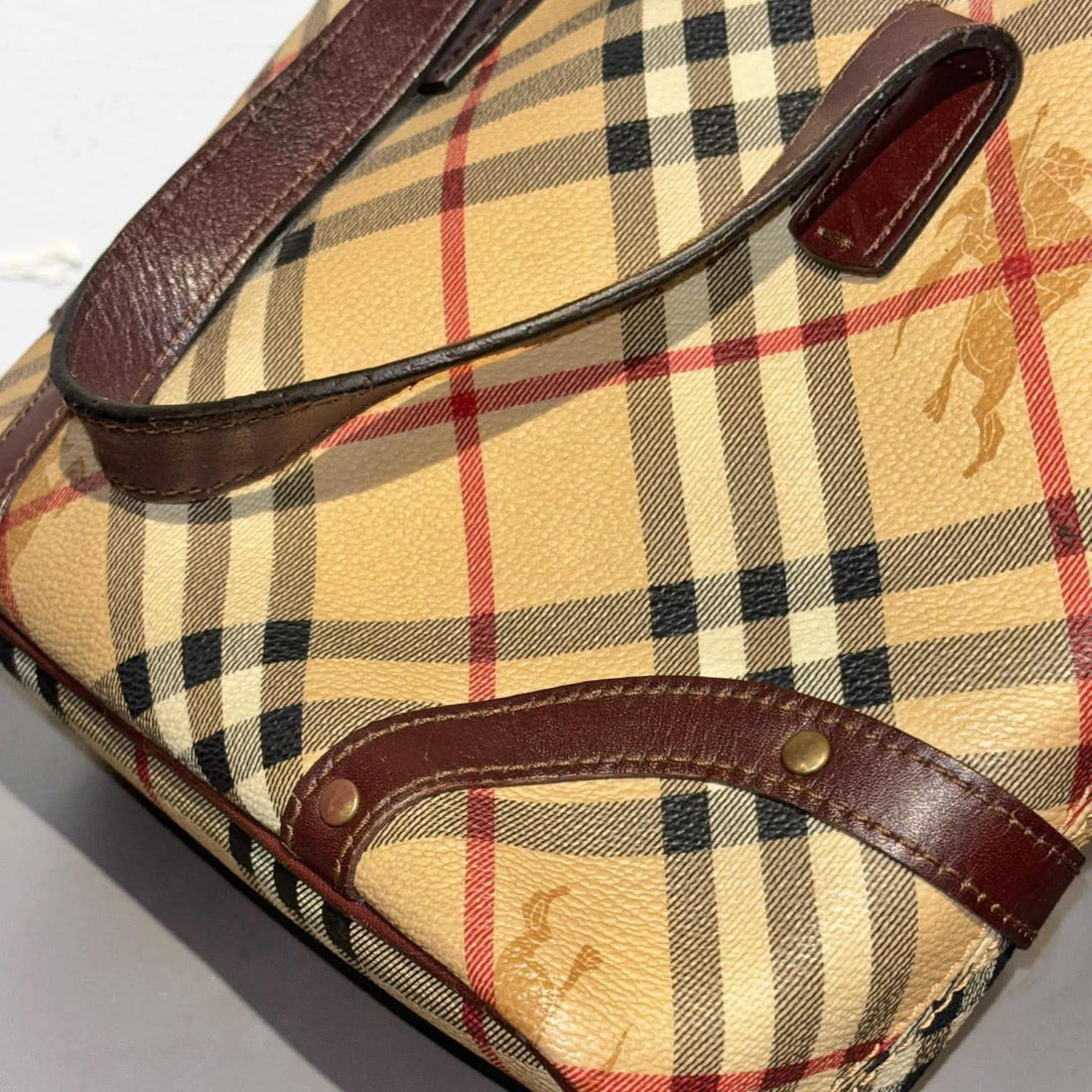 Burberry Nova Check Shadow Horse Handbag Tote Bag Brown Beige Leather (Pre-owned)