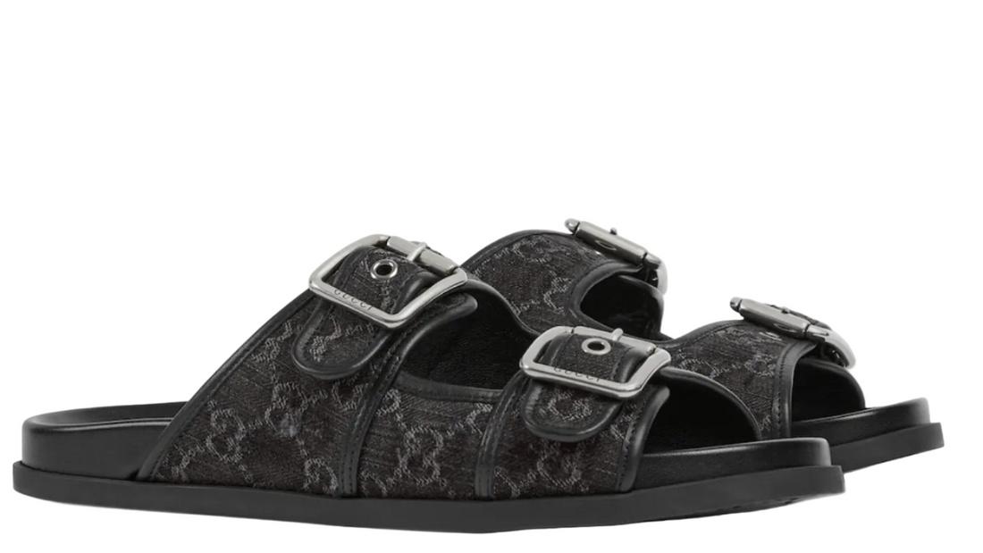 Gucci Slide Sandal Buckles Black GG Denim