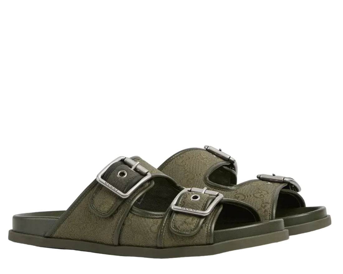 Gucci - Slide Buckle GG Canvas Dark Green Sandals