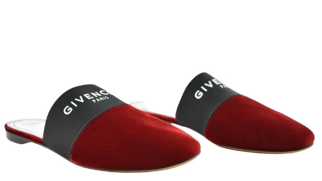 Givenchy Bedford Rouge Red Velvet Black White Mule Logo Backless Slide Flat