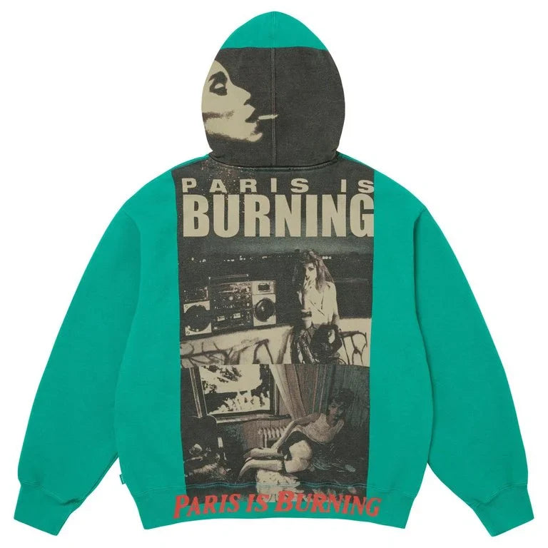 Supreme Paris Is Burning Zip Up Hooded Sweatshirt Green