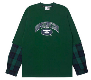 AAPE Moonface plaid-panelled long-sleeve tee Emerald