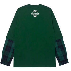 AAPE Moonface plaid-panelled long-sleeve tee Emerald